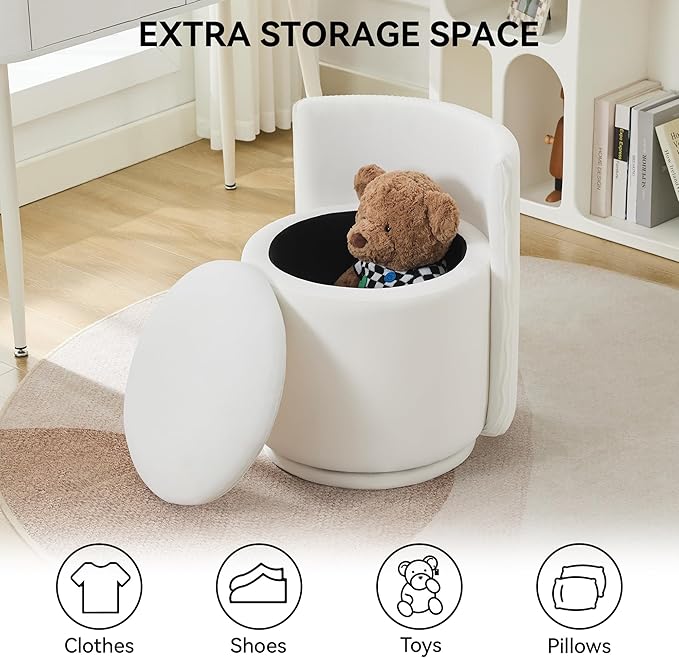 Velvet Vanity Chair with Storage, 360° Swivel Makeup Chair with Wave Back, No Assembly Small Accent Stool for Bedroom, Dressing, Living Room, White