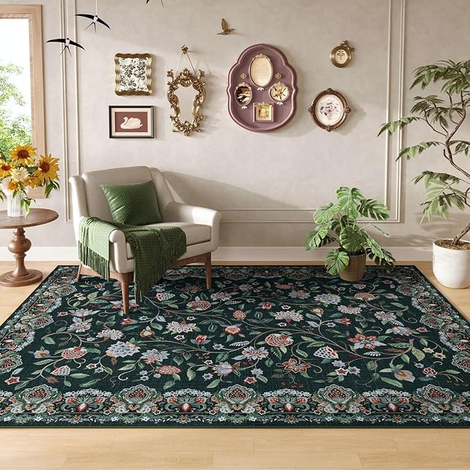 Rugcomf Vintage Paisley 3'x5' Area Rug - Machine Washable, Non-Slip Low Pile Small Floral Carpet for Bedroom, Bedside, Kitchen, Entryway, Kids/Girls Room, Office - Green