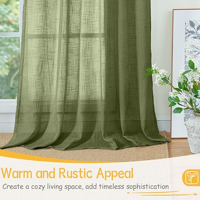 YoungsTex Olive Green Linen Cafe Curtains 36 Inch Length 2 Panels - Small Light Filtering Drapes Half Window Semi Sheer with Rod Pocket Back Tab for Kitchen Window Over Sink, 34 X 36 Inch
