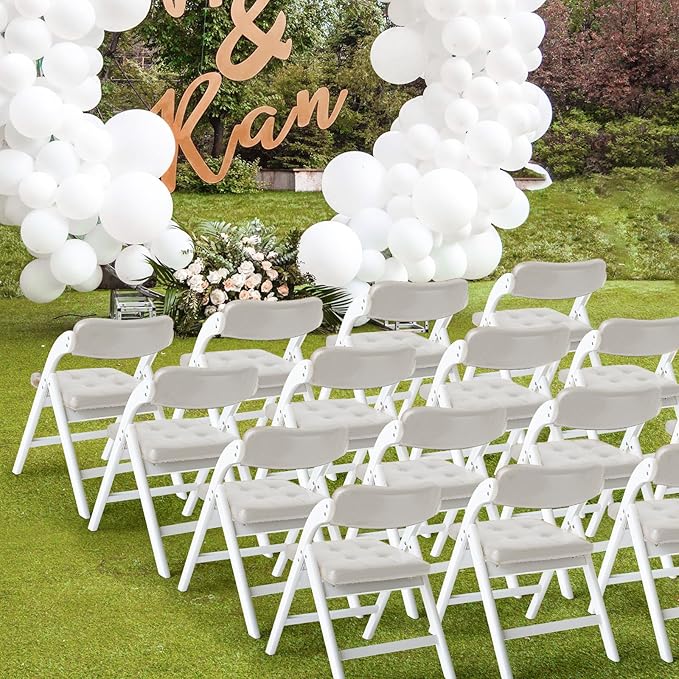 Wood Folding Chairs with Padded Seats, Wooden Folding Chairs Set of 2, Foldable Dining Chair with Cushion, Stackable Extra Chair for Indoor Outside Events, Party, Wedding (White Gray)