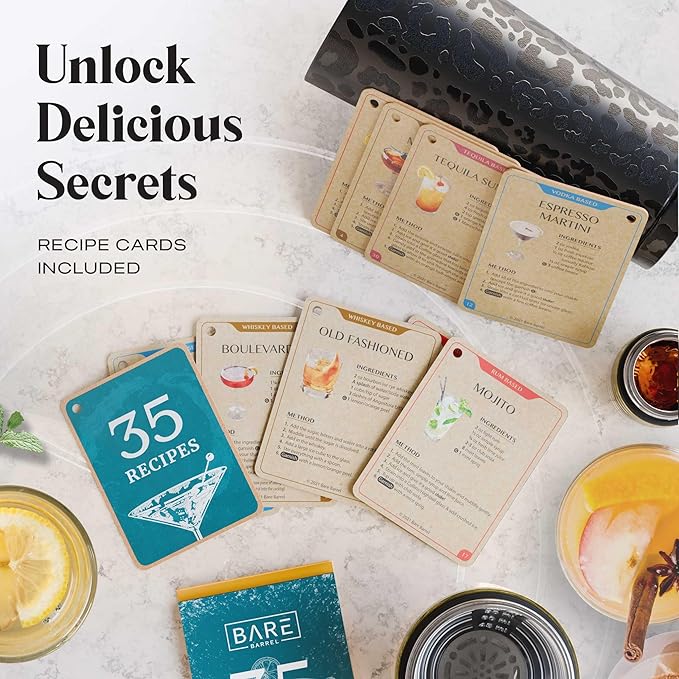 Insulated Cocktail Shaker Set | Double Wall Stainless Steel | Martini Shaker for Home Bar Bartending | Built-in Drink Measurement System & Strainer, Travel Bag, 35 Recipes | Gift Set (Leopard Gold)