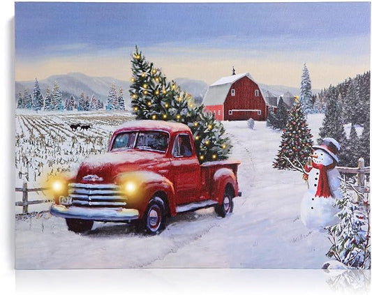 NIKKY HOME 16" x 12" Christmas LED Lighted Canvas Wall Art Prints Light Up Red Truck Barn House and Christmas Tree Picture Winter Snow Scene for Holiday Decor