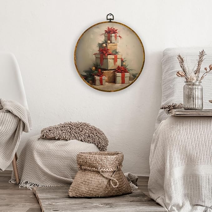 XPH Vintage Christmas Round Wall Art Framed, Winter Christmas Circle Wall Decor, Retro Cottagecore Holiday Gift Boxes Hanging Canvas Prints for Home Bedroom Living Room Decoration, 10x10 Inch