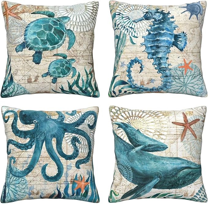 Coastal Blue Throw Pillow Covers 18 x 18 Inch Sea Turtle Seahorse Octopus Shark Beach Decorative Pillow Cases Ocean Nautical Cushion Covers for Sofa Bed Home Decor Set of 4