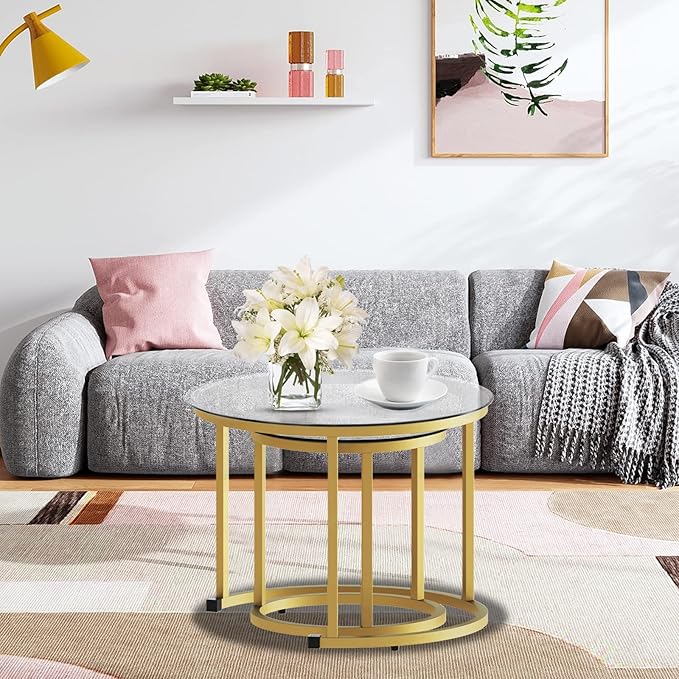 aboxoo Gold Nesting Coffee Table Set of 2, Small Glass Round Nesting Tables for Living Room Bedroom, Accent Tea Table with Metal Frame Modern Industrial Simple