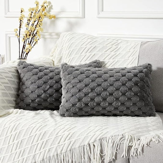 Yaertun Pack of 2 Super Soft Cozy Lumbar Decorative Throw Pillow Covers Fuzzy Plush Faux Fur Luxury Cushion Cover Pillowcase for Sofa Couch Bed Livingroom 12x20 Inch Grey