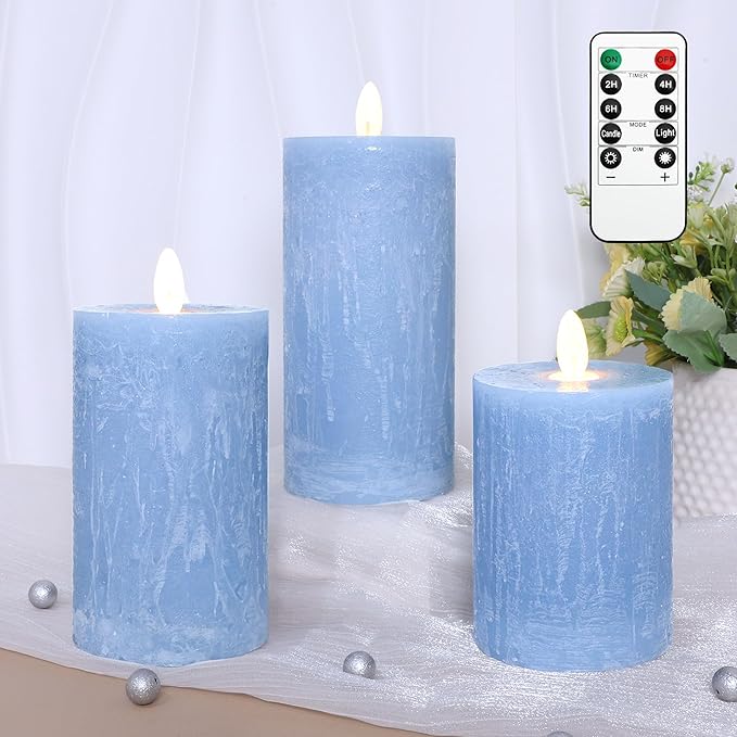 Rustic Blue Flameless Candles with Remote Control & Timer Function Real Wax Ocean Pillar LED Candles Rough Texture Design Battery Candles for Home Party Wedding Christmas Nautical Decor Set of 3