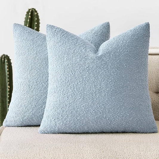 Woaboy Pack of 2 20x20 Inch Decorative Boucle Throw Pillow Covers Textured Square Pillowcaes Accent Solid Cozy Soft Cushion Covers Home Decor for Sofa Couch Living Room Home Decor,Coastal Light Blue
