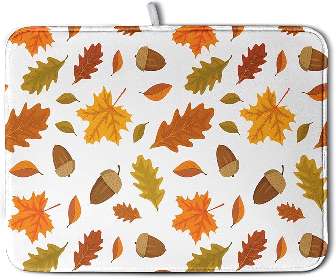 Fall Leaves Dish Drainer Mat - Absorbent Drying Mat for Counter - 18x24 Inch, Orange Maple Leaf Pattern