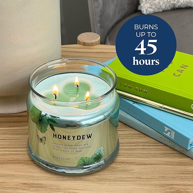 PartyLite Honeydew Scented, Notes of Green Melon, Juicy Ripe Mango and a Hint of Musk, 13.2oz 3-Wick Jar Candle, 45 Hour Burn Time, Luxurious Fragrance, Ideal for Gifting