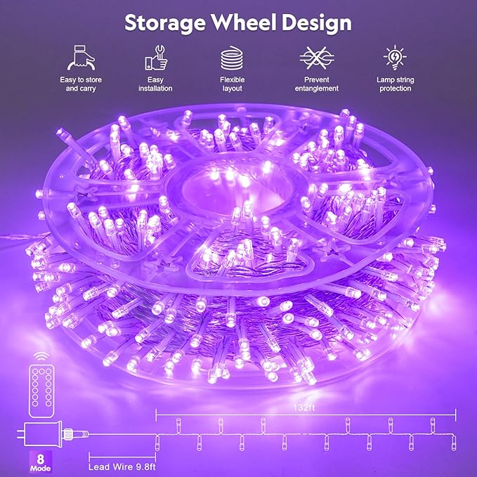 JMEXSUSS 400 LED Purple Lights Halloween Decor, 132 ft Halloween String Lights Plug in with Remote, 8 Modes Purple Christmas Lights Indoor Outdoor for Garden Patio Party Haunted House Ghost Decoration