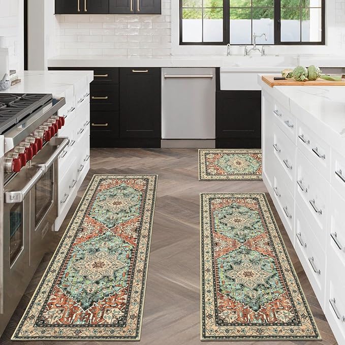 Yamaziot Boho Washable Kitchen Rugs Sets of 3, Non Slip Kitchen Mats for Floor with Rubber Backing, Waterproof & Stain Resistant Thick Carpet Runner Throw Rug for Kitchen, Laundry Room, Hallway