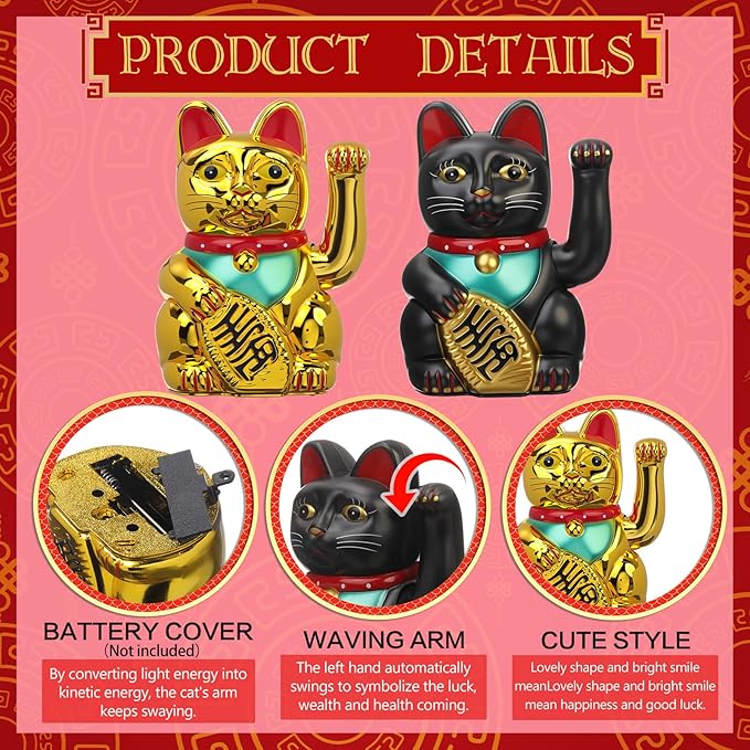 2 Pcs 5 Inch Lucky Cat Waving Arm Maneki Neko Lucky Fortune Cat Chinese Fengshui Welcoming Decoration for Home Office Restaurant Shop Gifts Decor Battery Operated (Battery Not Included)