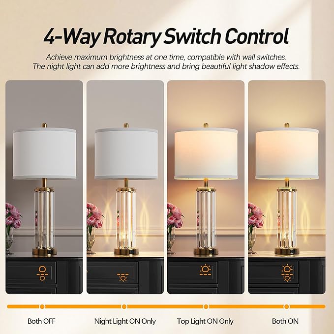 QiMH Gold Table Lamps for Bedroom Set of 2 with Nightlight, Modern Bedside Lamp with 2 USB A+C Charging Port, Clear Nightstand Lamp for Living Room White Shade Home Light Decor(LED Bulbs Included)