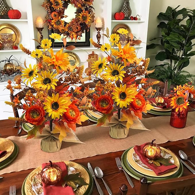 2 Pack Fall Table Decor, 19.6" Artificial Tabletop Fall Tree with Maple Leaves Sunflowers Fall Decorations for Indoor Outdoor Home Autumn Thanksgiving Table Centerpieces