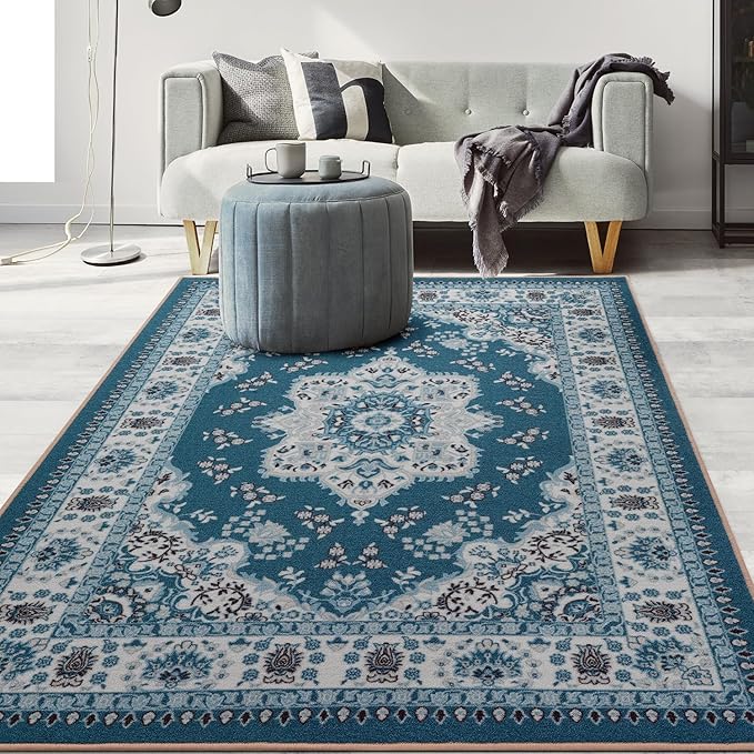 Antep Rugs Alfombras Oriental Traditional 4x6 Non-Skid (Non-Slip) Low Profile Pile Rubber Backing Indoor Area Rugs (Turquoise Blue, 4' x 5'8")