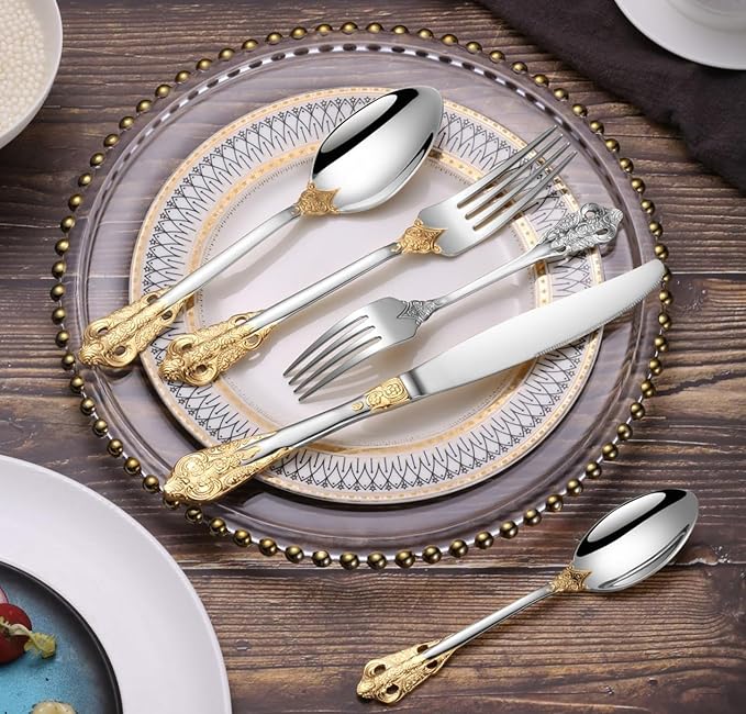 20-Pcs Luxury Silverware Set, Royal Flatware Set, Modern 304 Stainless Steel Flatware, Cutlery, Tableware (Gold & Silver, 20)