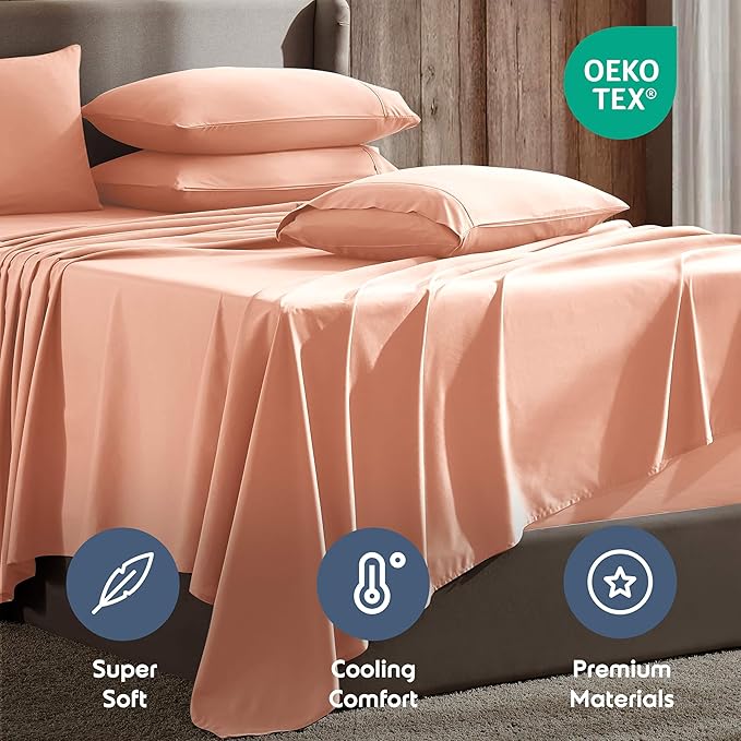 Nestl Extra Deep Queen Sheet Set - 6 Piece Breathable & Cooling Sheets - Hotel Luxury Bedding Set w/18-24 Inch Deep Pockets - Easy & Secure Fit - Super Soft, Wrinkle Free & Comfy - Peach Beige