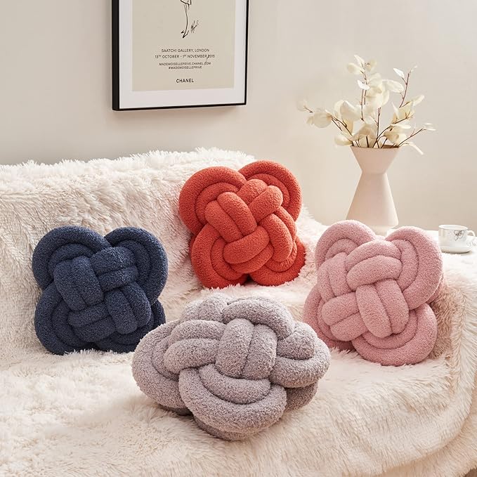 Xiashrk Knot Pillow Ball, 12" Soft Decorative Throw Pillows for Couch Bed, Grey Knotted Plush Throw Pillow Handmade Square Cushion Home Couch Decor Pillows for Living Room