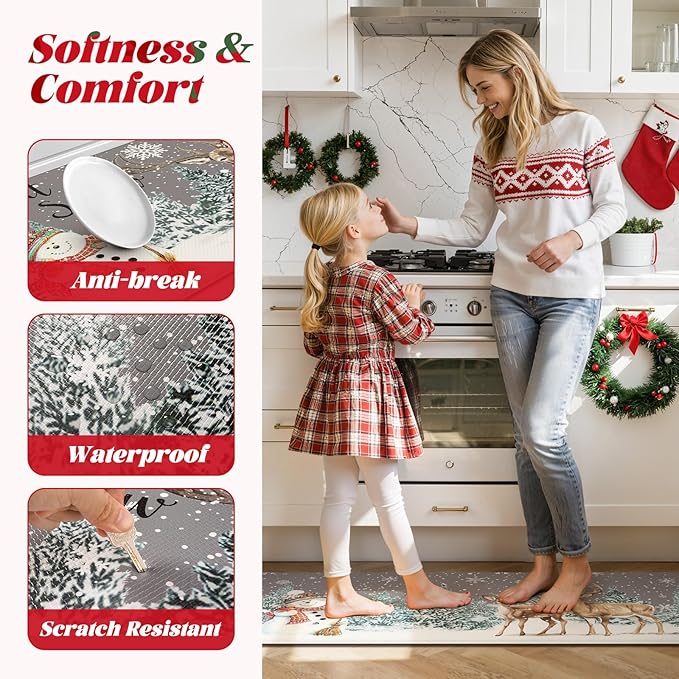 Collive Christmas Snowman Kitchen Mats, Cushioned Anti Fatigue Winter Xmas Tree Kitchen Rugs Sets of 2 Waterproof Elk Sink Mat, Non Slip Comfort Standing Floor Rug for Desk Home Decorations, Grey