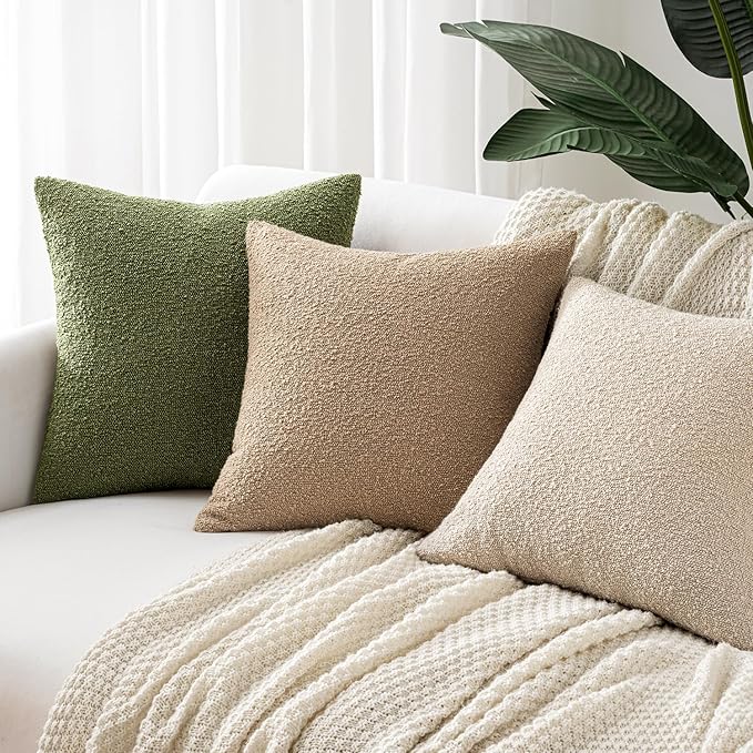 Woaboy Pack of 2 18x18 Inch Decorative Boucle Throw Pillow Covers Textured Square Pillowcaes Accent Solid Cozy Soft Cushion Covers Home Decor for Sofa Couch Living Room Home Decor,Khaki