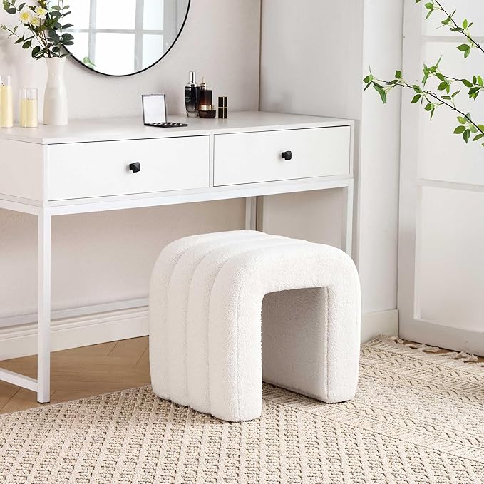 Flouki Ottoman Foot Stool with Channel Tufted, Small Ottoman Bench for Entryway, Modern Sherpa Vanity Stool Chair, Upholstered Foot Rest Extra Seat for Living Room (Off-White)