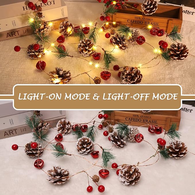 10FT Enchanting Christmas Garland with 30 LED Lights Battery Operated-Realistic Red Berries & Pine Cones Decor for Tree,Fireplace Mantel,Indoor Holiday Home Decor (10Ft)