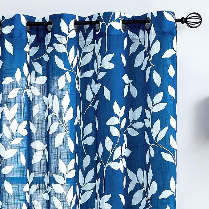 Royal Blue Semi Sheer Curtains for Sliding Glass Door 100"x 84" Extra Wide Glass Door Curtain Panels Linen Textrued White leaf Pattern Curtain Dripes for Living Room Window Draperies Grommet 1pcs