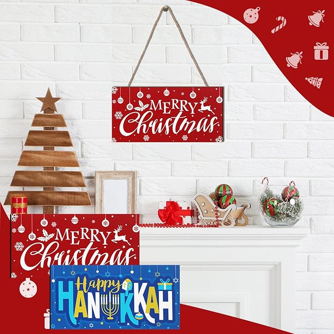 2 Pieces Merry Christmas Sign Hanukkah Blue Hanging Sign Decoration Wooden Hanukkah Door Decorations Xmas Wood Sign with Hanging Rope for Jew Holiday Wall Front Door Porch Decor, 9.84 x 4.72 Inch