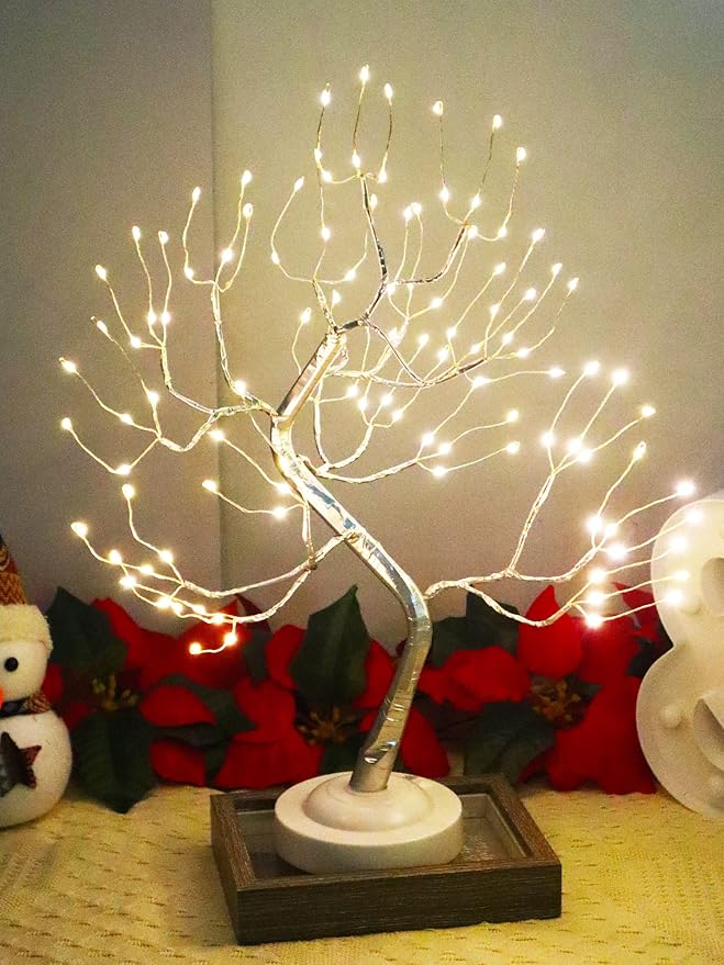 FUCHSUN 108 LED Tabletop Bonsai Tree Light Warm White Fairy Lamp with Timer 8 Modes Battery/USB Powered for Living Room Bedroom Home Christmas Decoration (Silver Branches)