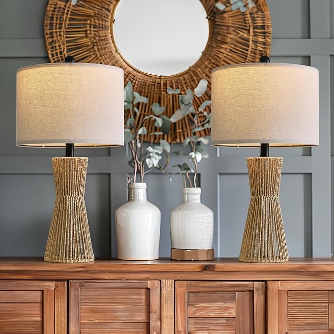 OYEARS 22.5" Table Lamps for Living Room,Boho Lamps Set of 2 for Bedrooms, Bedside Lamp for Nightstands, Rattan Lamp, Farmhouse Table Lamp for Room Decor, End Table, Retro, Brown(Not Include Bulbs)