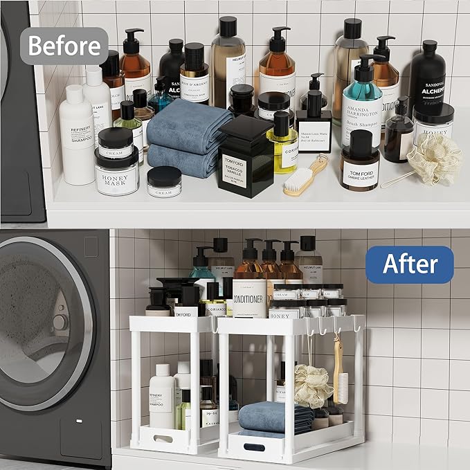 2PC Under Sink Organizer Rack 2 Tier Under Sliding Cabinet Basket Organizer Drawer with 4 Hooks, Multi-purpose Under Sink Storage for Bathroom Kitchen Desktop(White)