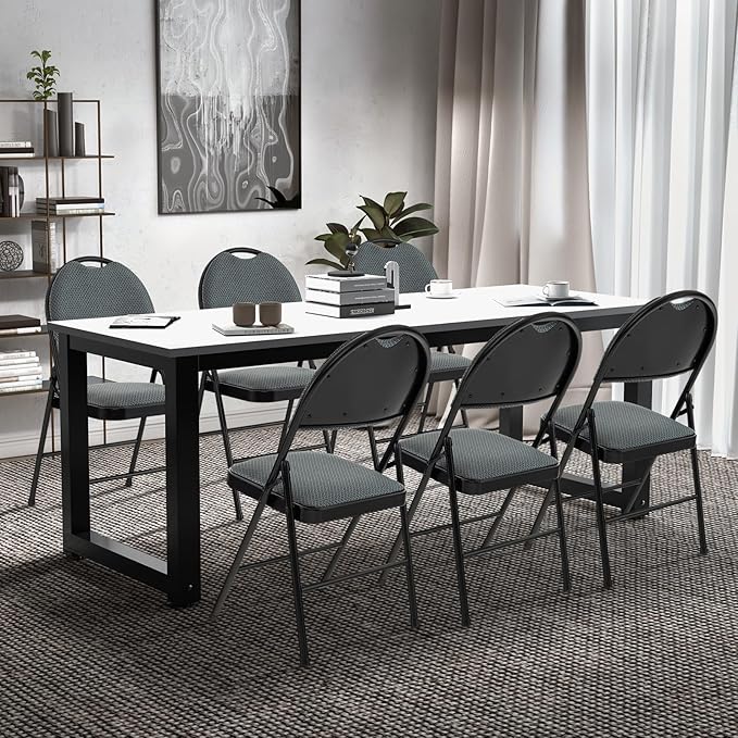 POWERSTONE Folding Chairs Set of 6, Foldable Chair Set with Padded, Handle Hole and Metal Frame Dining Chair Set for Indoor and Outdoor, School, Office and Garden Party (Grey)