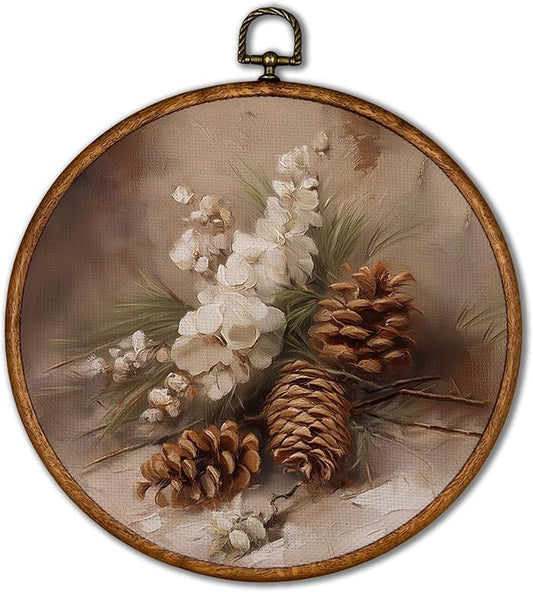 KSDUT Vintage Christmas Wall Decor Art - Retro Pine Cone Christmas Wall Art Canvas Frame Hanging Prints, Merry Xmas Holiday Round Wall Art Decor for Home Farmhouse Decorations 10"x10"