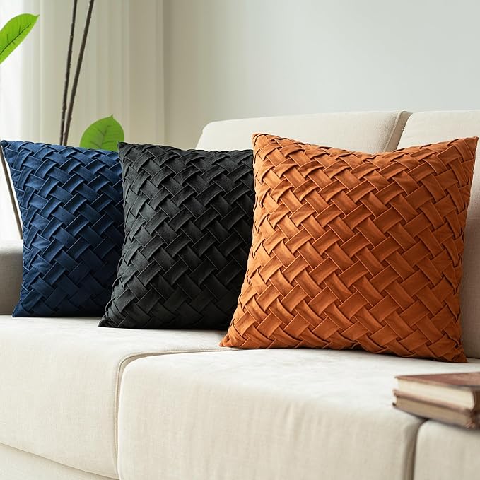 Velvet Decorative Throw Pillow Covers Set of 2, 18x18 Inch Soft Modern Weave Cushion Case, Farmhouse Home Decor Pillowcase for Sofa Living Room Couch Bed Navy