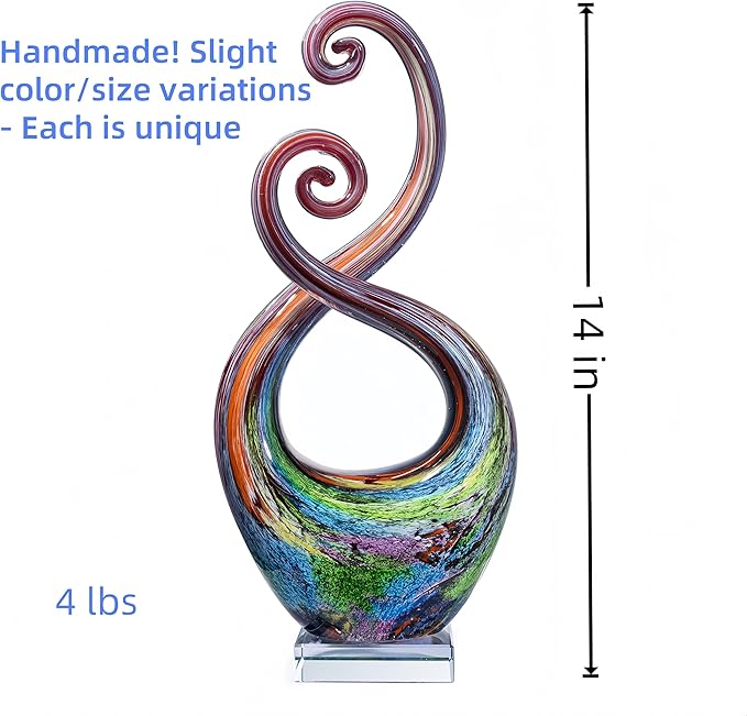 14″ Hand Blown Glass Art Sculpture with Fluid Design and Clear Square Base - Weatherproof Indoor & Outdoor Use Decor - Abstract Glass Art Piece