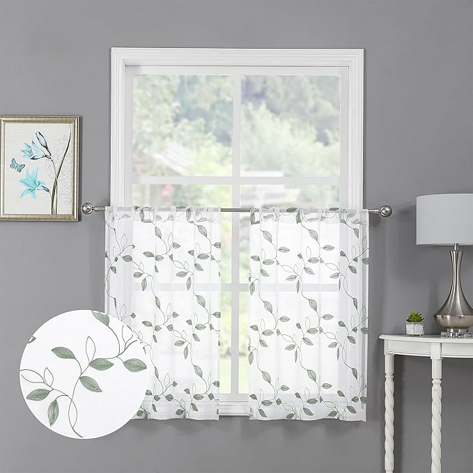 Tollpiz Sage Green Leaf Sheer Tier Curtains Leaves Embroidered Kitchen Short Curtain Rod Pocket Voile Bathroom Curtains for Cafe, 30 x 24 inches Long, Set of 2 Panels