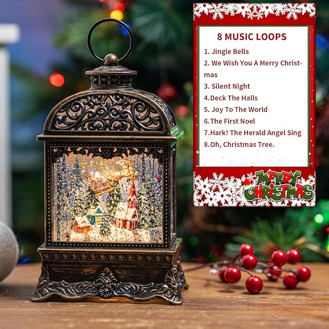 Christmas Snow Globe Lighted Flying Santa Scene, Musical Snow Water Lantern Swirling Glittering Home Decoration and Gift, Battery Operated or USB Powered