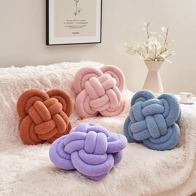Xiashrk Knot Pillow Ball, 12" Soft Decorative Throw Pillows for Couch Bed, Purple Knotted Plush Throw Pillow Handmade Square Cushion Home Couch Decor Pillows for Living Room