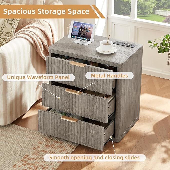 LEYAOYAO 23" Wide Fluted Night Stand with Charging Station,3 Drawers Large End Table with Storage,Grey Nightstand Wood Bedside Tables, Farmhouse Cabinet Dresser for Bedroom,Closet