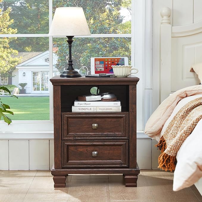 Farmhouse Nightstand with Charging Station, Rustic Brown Nightstand,2 Drawers End Table for Living Room,Bedside Table with Open Shelf for Bed Room,Walnut