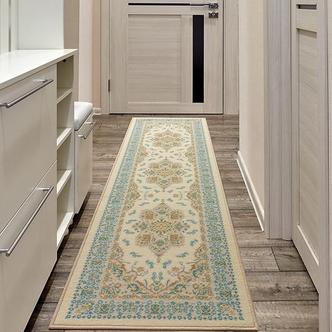 Antep Rugs Alfombras Oriental Traditional 2x10 Non-Skid (Non-Slip) Low Profile Pile Rubber Backing Indoor Runner Rugs (Blue Beige, 2' x 10')