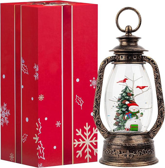 Christmas Snow Globe Lantern Water Glittering Snowman with Christmas Tree, USB Lined/Battery Operated Lighted Lantern for Christmas Festival Decoration Gifts