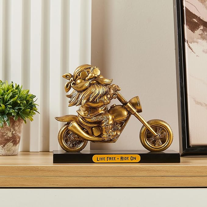 "Live Free Ride On 7.5'' Polyresin Motorcycle Rider Statue Valentine's Day Gift for Men Retro Cool Inspirational Motorcycle Rider Figurine JS0375B (Gold)