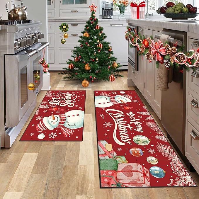 Christmas Snowman Kitchen Rugs Non-Slip Holiday Floor Mats 2 Piece Set Vintage Decor Soft Absorbent for Sink Front 17x30 and 17x47 Inches