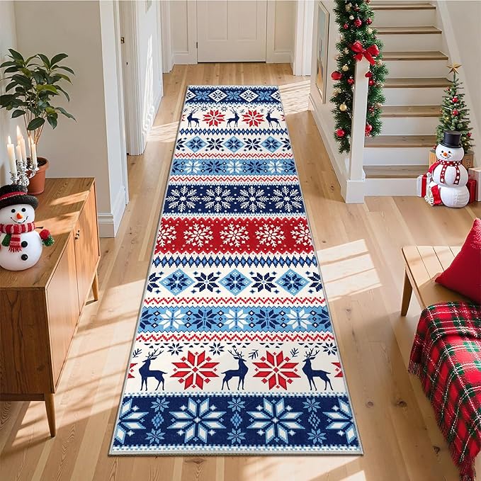 Hallway Runner Rug 2x6 Washable Christmas Runner Indoor Non-Slip Xmas Decorative Throw Floor Covers Boho Accent Festival Xmas Rug Farmhouse Rug Geometric Carpet for Living Room Bedroom, Blue