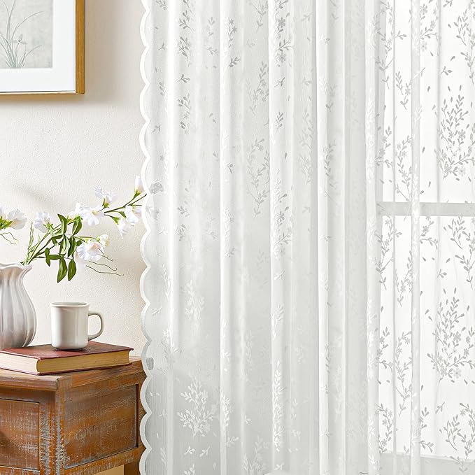 Sheer Lace Curtains 63 Inches Long, Vintage Floral Light Filtering Ivory Lace Curtains for Living Room & Bedroom, Rod Pocket, 2 Panels Set, Sprig Pattern (Ivory, 52" W x 63" L)
