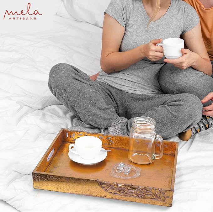 Coffee Table Tray (Distressed Gold) - “Flourish” Wood Serving Tray w/Handles for Breakfast in Bed - Mango Wood Decorative Tray w/Felt Pads - Medium Size Tray - 16” x 12” x 2.5”