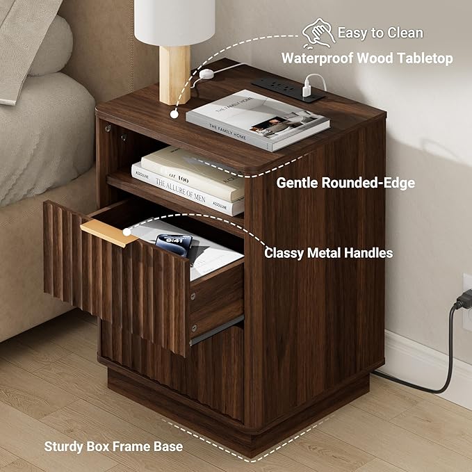 Fluted Nightstand Set of 2 with Charging Station, 18" Modern Farmhouse Night Stand, 2 Drawers End Table with Storage, Bedside Table for Bedroom Sofa Home Office, Curved Profile(Walnut)