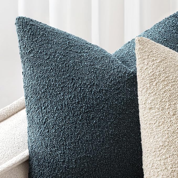 Woaboy Pack of 2 20x20 Inch Decorative Boucle Throw Pillow Covers Textured Square Pillowcaes Accent Solid Cozy Soft Cushion Covers Home Decor for Sofa Couch Living Room Home Decor,Dark Blue